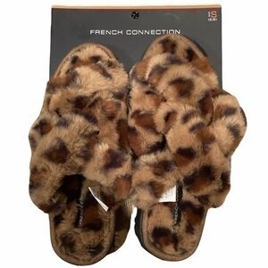 FRENCH CONNECTION Leopard faux fur fuzzy slippers